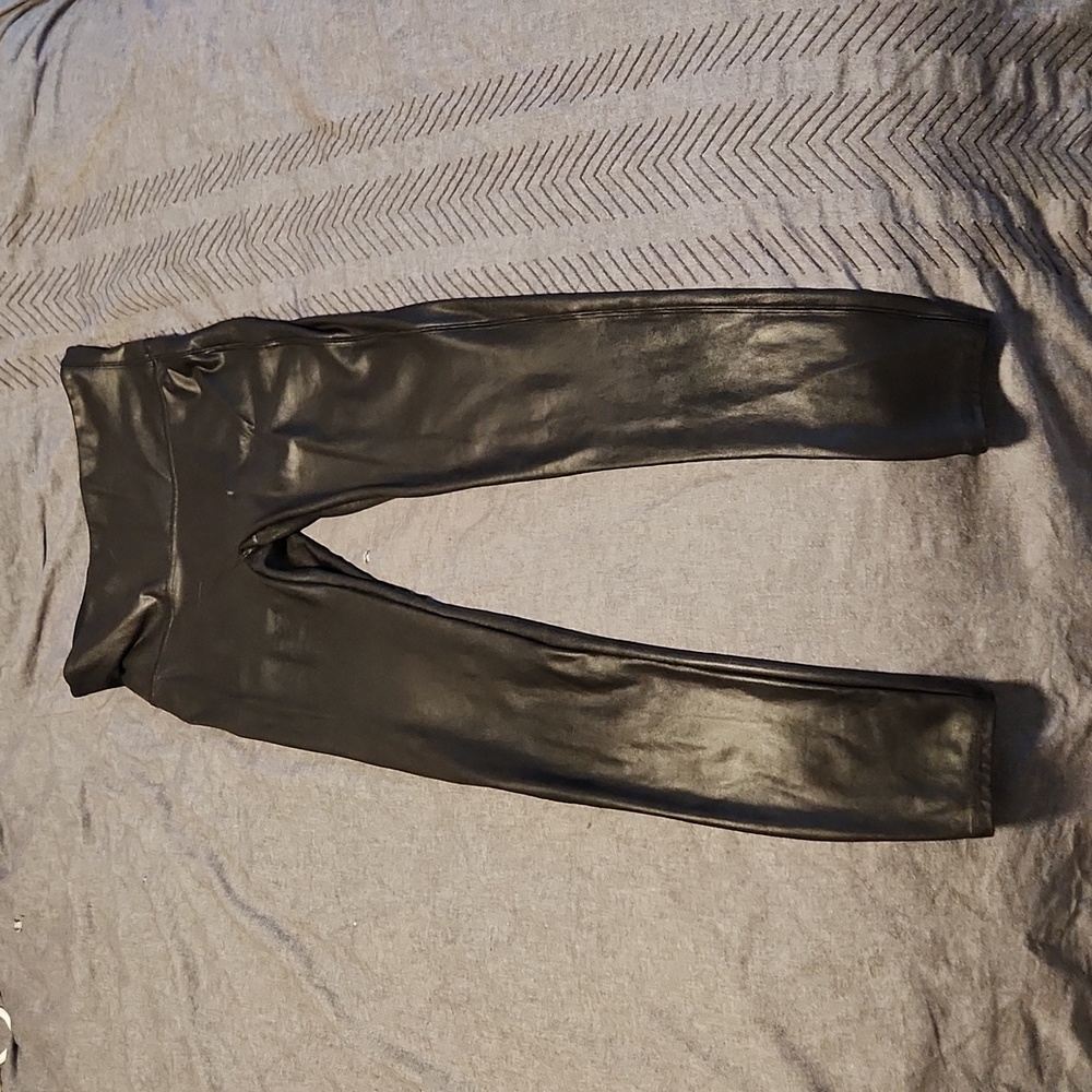 Spanx Leggings, faux leather, black, stretchy, size Medium Petite, full length,